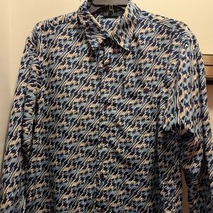 Fubu Mens Large Logo Stylish Blue and White Long Sleeve Button Up Men's Shirt